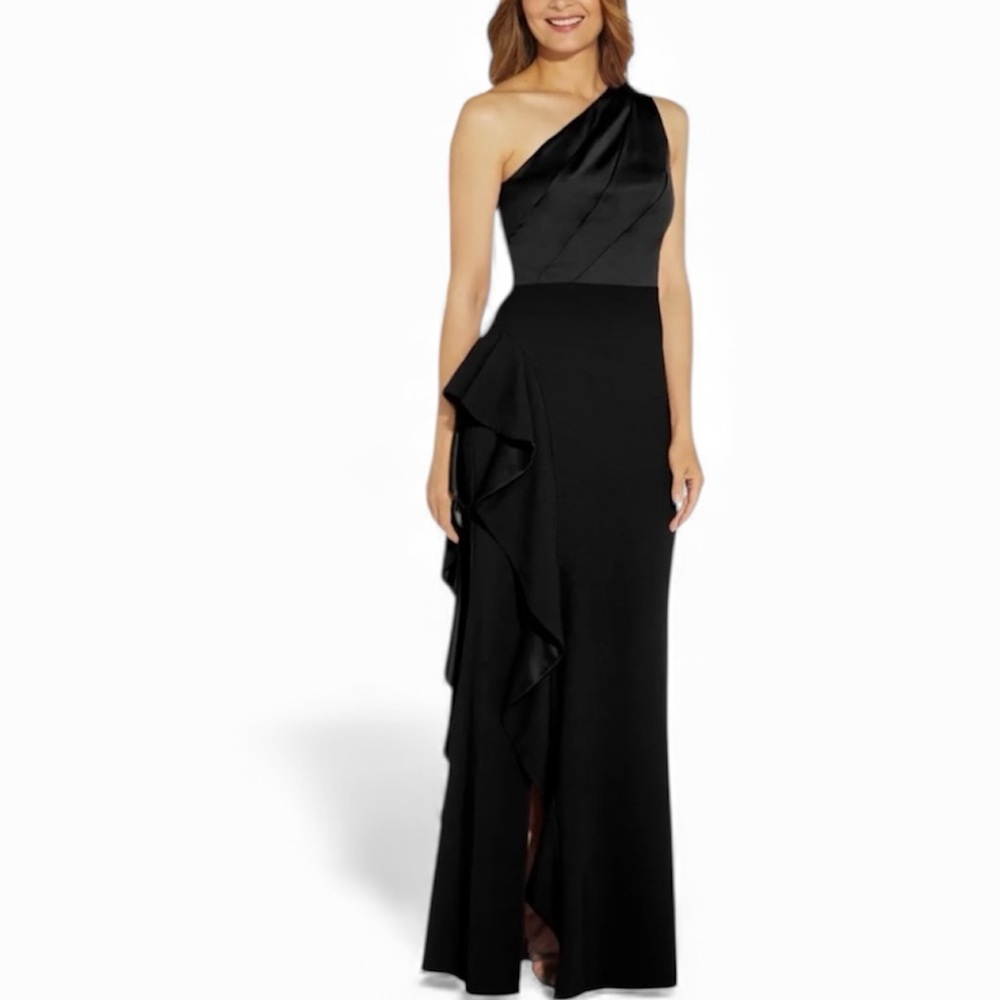 Adrianna Papell Black One Shoulder Cascading Ruffle Floor Length Gown 10